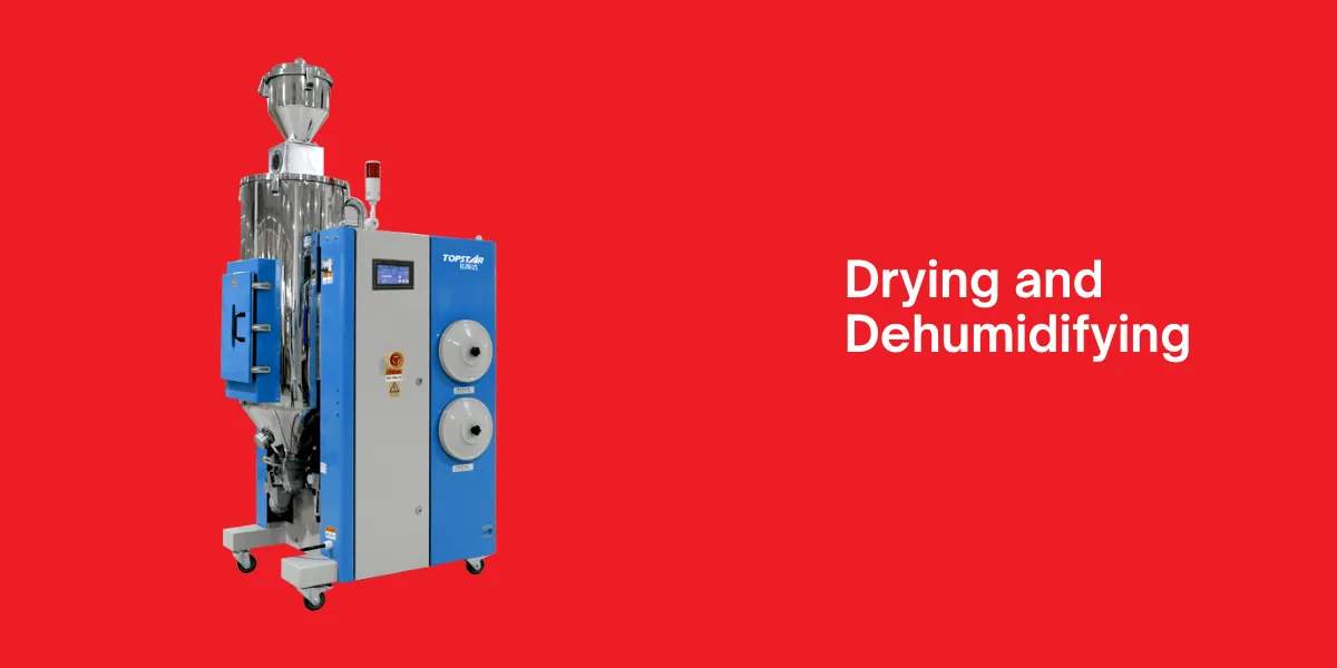 Industrial drying and dehumidifying machine with a blue and gray design against a red background