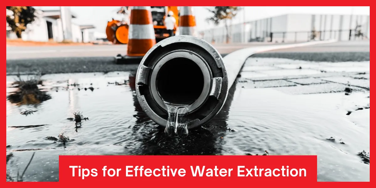 Large industrial hose releasing water onto a wet pavement with orange traffic cones in the background