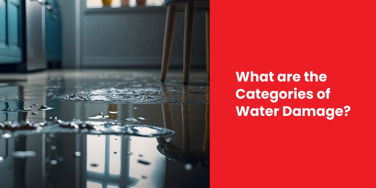 Flooded kitchen floor reflecting furniture and light, symbolizing different water damage classifications