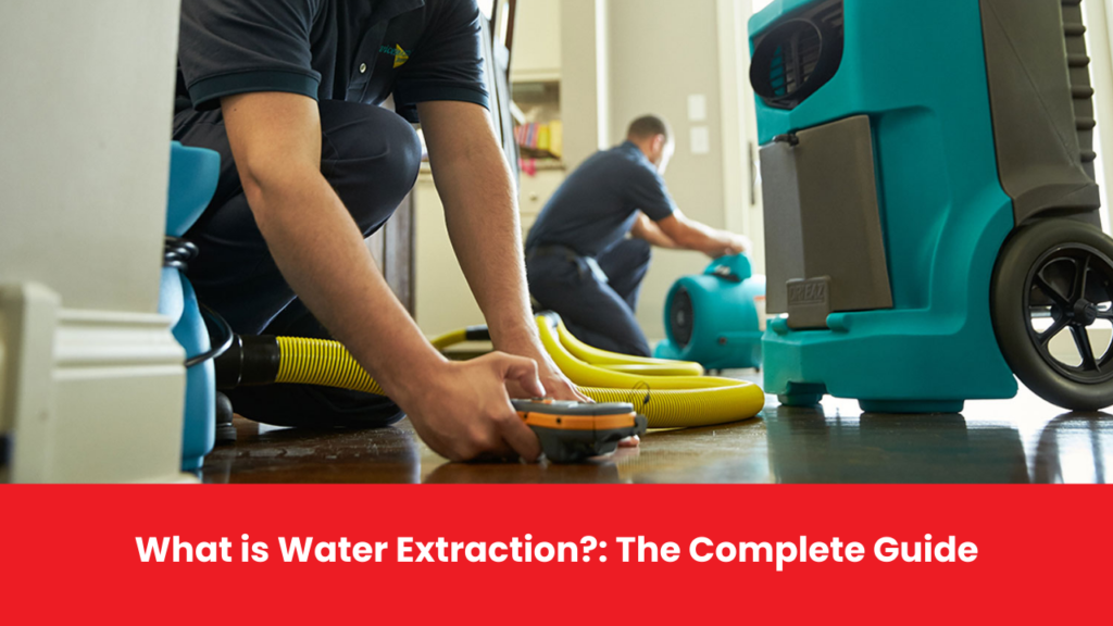 Workers using specialized water extraction equipment to remove moisture from a home floor.