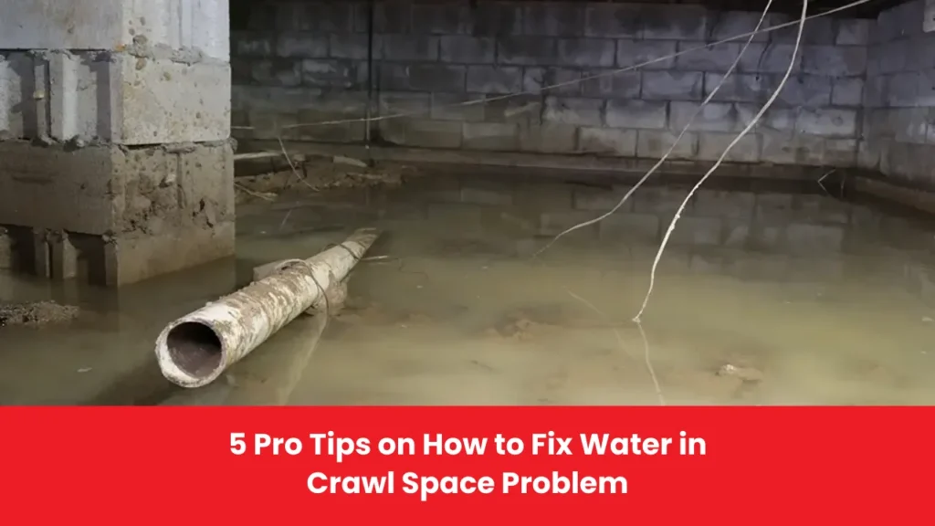 Water accumulation in a crawl space with a pipe lying in the stagnant water, demonstrating a water issue.