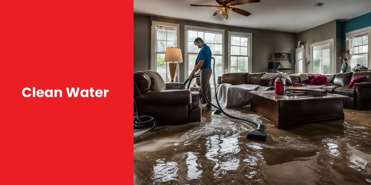 A person using a wet vacuum to clean up clean water that has flooded a living room.