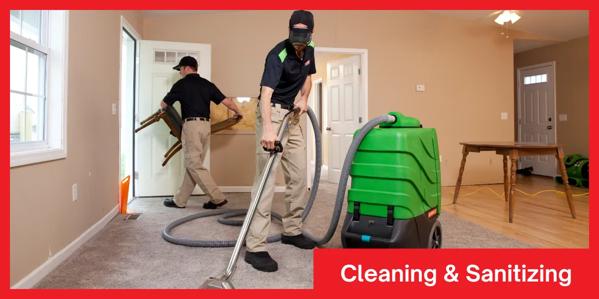 Two workers cleaning and sanitizing a home with professional equipment after water damage