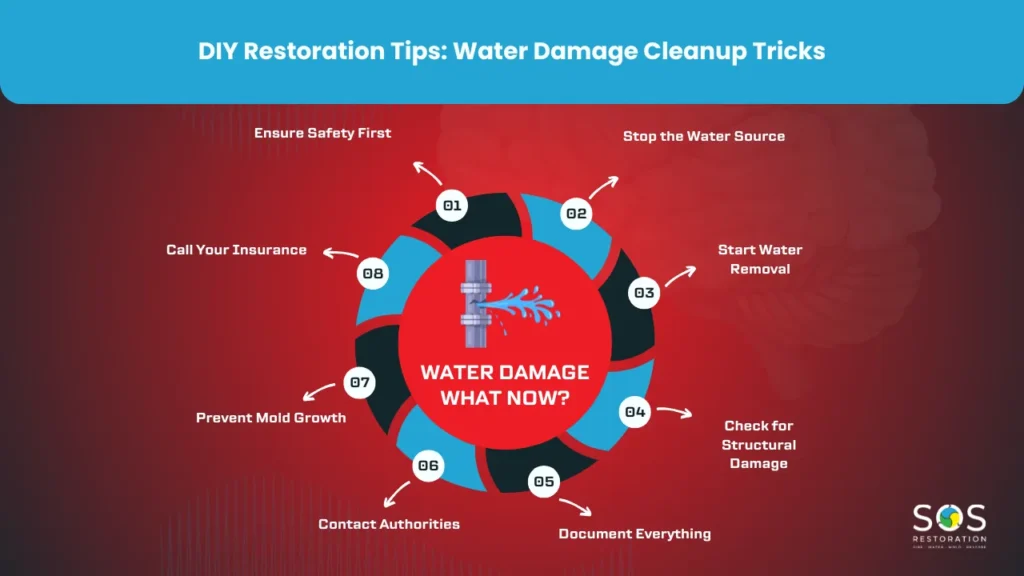 DIY water damage cleanup tips, including safety measures, stopping the water source, and preventing mold growth