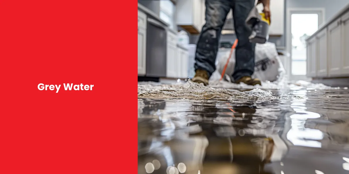 A flooded kitchen floor with grey water, showing the need for clean-up after water damage.