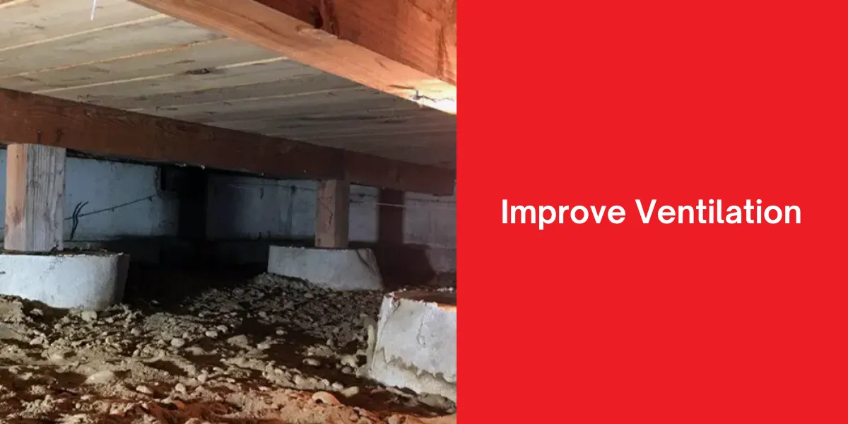 A crawl space with exposed wooden beams and a pipe, with dry soil visible and space for improved ventilation