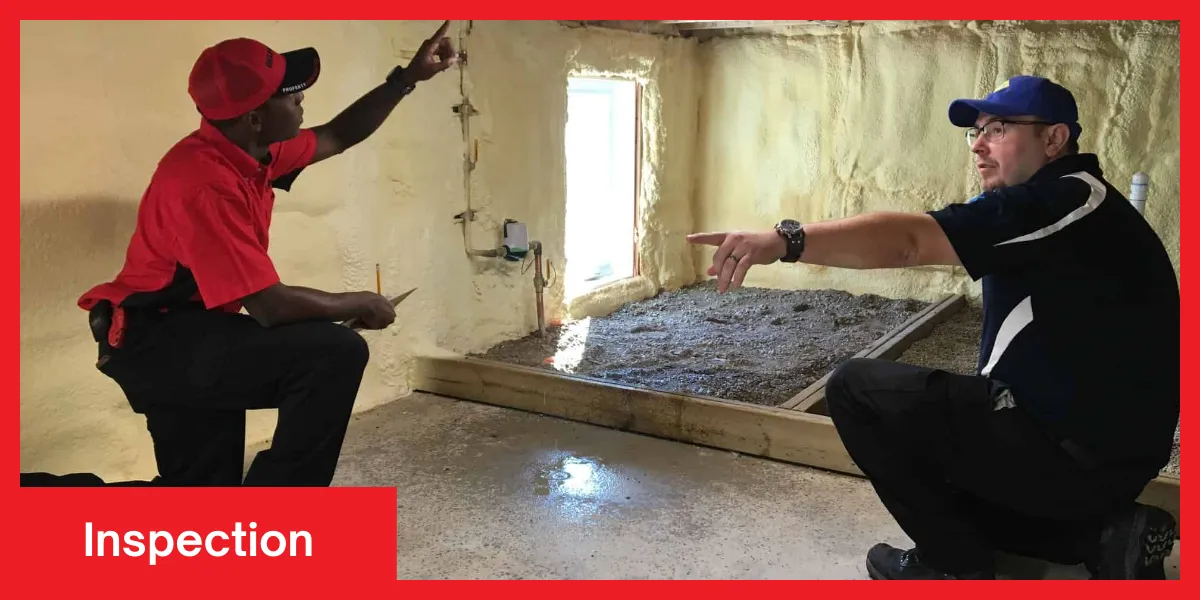 Two professionals inspecting a crawl space with visible water damage, discussing possible solutions.