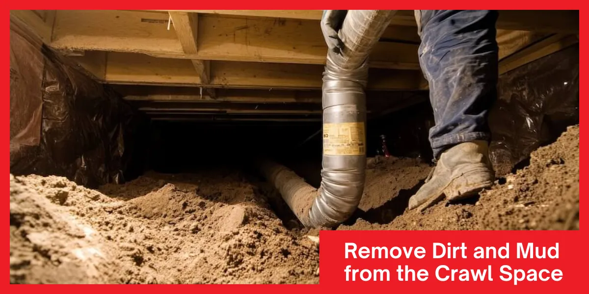 A person removing dirt and mud from a crawl space, demonstrating cleaning efforts to improve conditions.