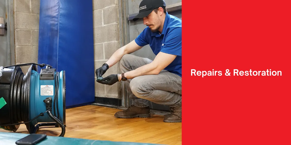 A worker checking equipment in a sports facility as part of the repair and restoration process after water damage