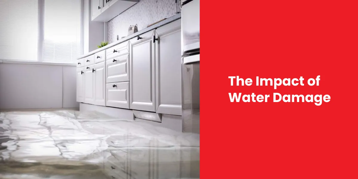 Flooded kitchen with water covering the floor, demonstrating the severe impact of water damage in a home