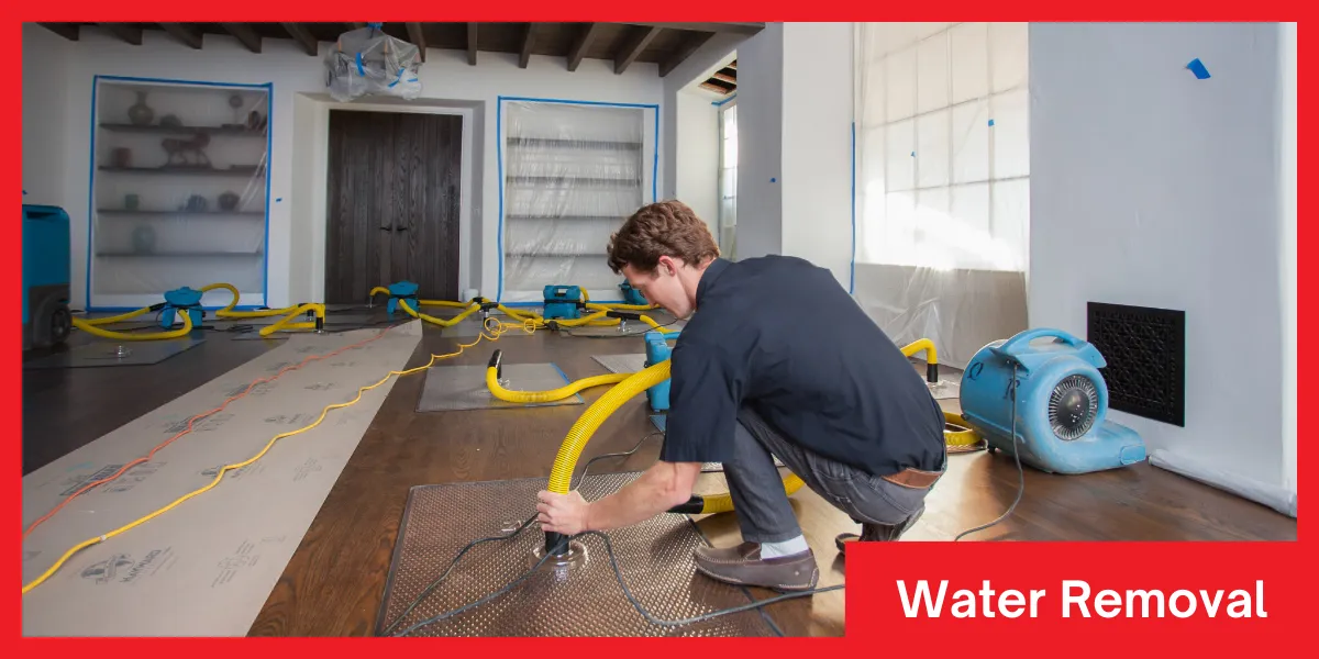 A professional using water removal equipment with yellow hoses to extract water from a hardwood floor in a living room.