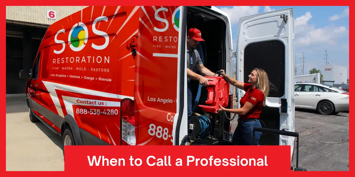 Two professionals loading water removal equipment into a red van with SOS Restoration branding.