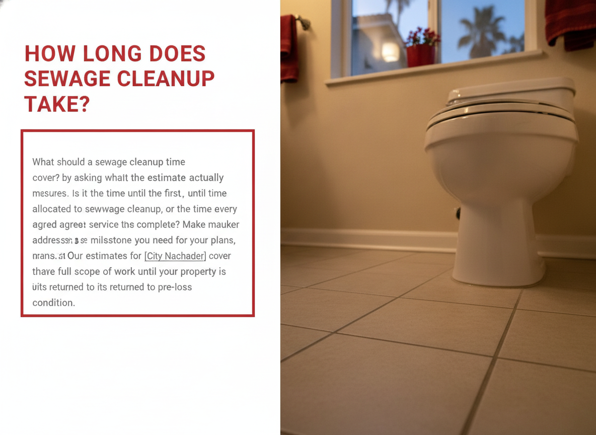 What should a sewage cleanup time estimate cover?